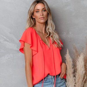 Vici Coral Flutter Sleeve Tie Top - Small